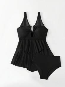 Swim Lushoire Mesh Spliced V-Neck Tankini Swimwear Set Summer