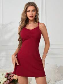 Women's Solid Color Lace Trimmed Satin Slip Dress - Red - View 5