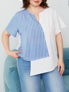 SHEIN Essnce 大尺碼格紋拼接下擺不對稱領口襯衫,帶缺口領口 - 彩色 - 查看 5