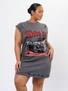 Forever 21 Kích thước lớn Của phụ nữ Vòng cổ Đầm Với In Ô tô Và Slogan - Màu xám đen - Xem 4