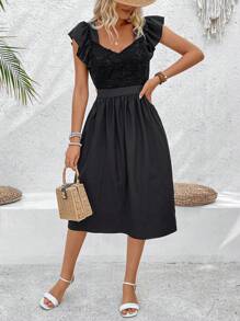 Breezaya Vestido De Encaje De Remiendo De Mujeres Con Cuello De Corazón Y Mangas Cortas De Revuelo - Negro - Ver 3