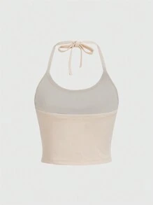 ROMWE Fairycore 蘑菇圖案掛脖上衣 - 杏色 - 查看 2