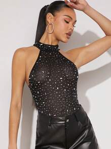 Hauture Bodycon Body Sin Mangas Con Piedras De Diamante Hotfix - Negro - Ver 4