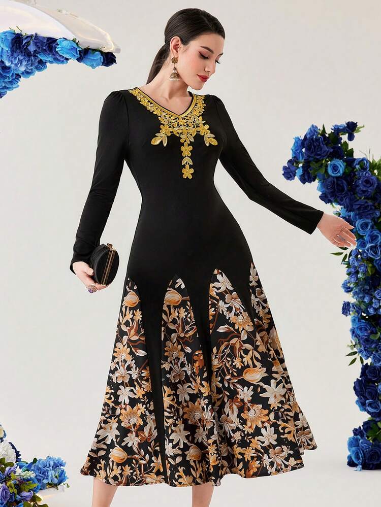 Women's Long Sleeve Floral Patchwork Print Dress Long Evening Dresses Fall Cloth For Women