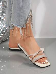 Của phụ nữ Màu be Chóp giầy hình vuông Dép xăng đan , Đồ trang trí Rhinestone , Mùa hè Hàn Quốc Phong cách Bằng phẳng Chóp giầy mở ra Giày dép - Màu be - Xem 7