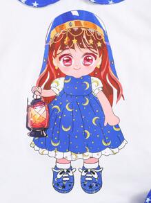SHEIN Young Girl Cute Peter Pan Collar Short-Sleeved Top And Skirt 2-Piece Set With Printed Patchwork - Blue - View 6