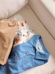 SHEIN Chemise décontractée pour garçon de style institut et T-shirt à manches courtes et imprimé animal confortable et respirant avec shorts pour la rentrée scolaire printemps-été