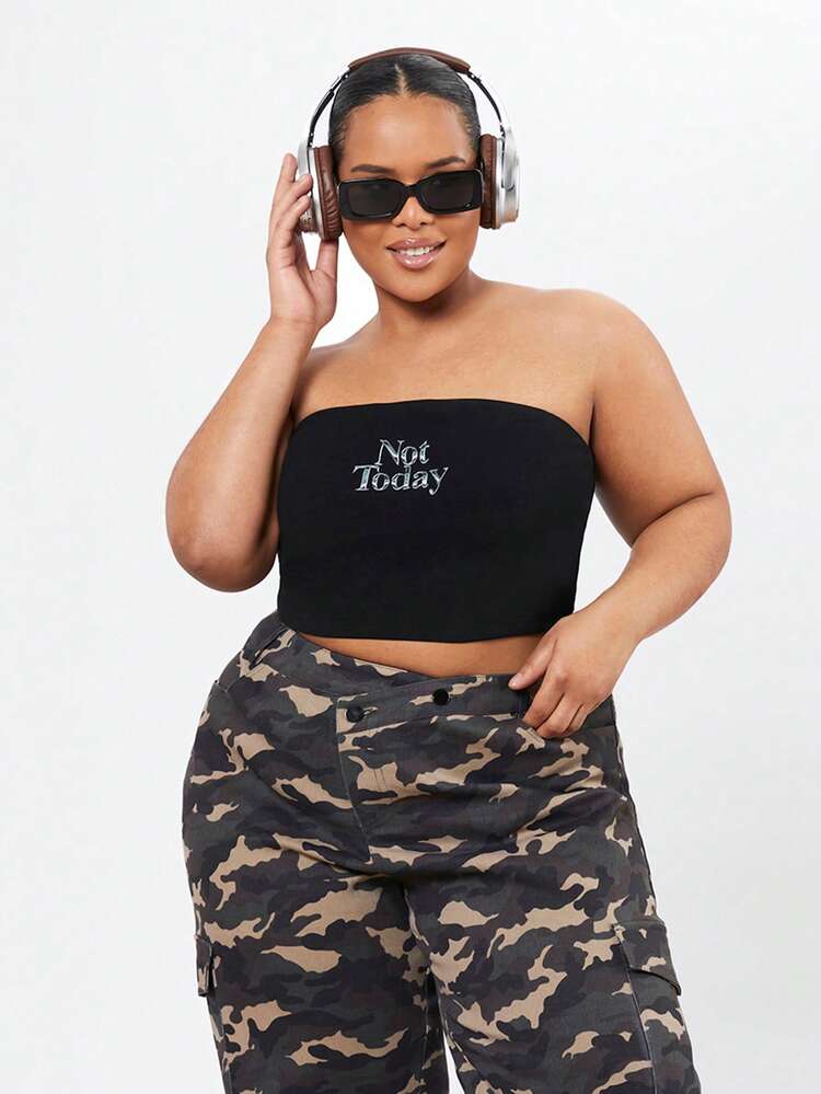 Plus Size Women's Letter Printed Strapless Top