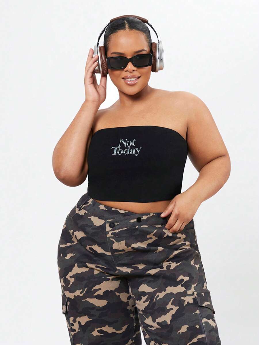 Forever 21 加大尺碼女士字母印花無肩帶上衣 - 黑色 - 查看 1