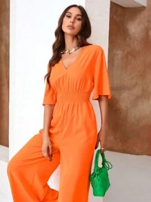 GENKIRA Solid Color V-Neck Wide Leg Jumpsuit With Elastic Waist - Orange - View 5