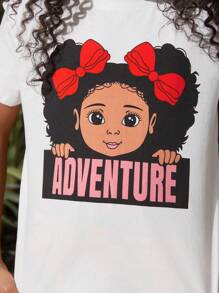 SHEIN Conjunto De Camiseta De Manga Corta Impresa Con Personajes Y Pantalones Estampados De Longitud Completa Para Niñas, Uso Diario Casual En Primavera Y Verano - Blanco - Ver 4