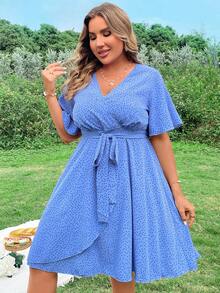 SHEIN Holidaya Kích thước lớn In vết tròn Polka Váy quấn - Màu xanh lam - Xem 4