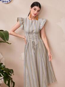 Mulvari 女士條紋十字交叉系腰洋裝 - 彩色 - 查看 9