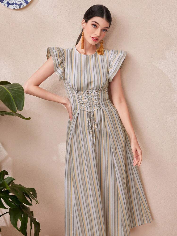 Women's Striped Criss-Cross Tie Waist Dress