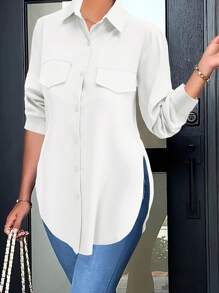 Fashion Women Casual Shirt With Side Slit Hem & Fake Pockets