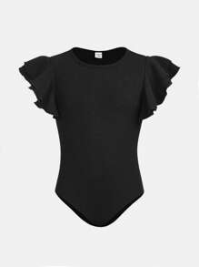 SHEIN Girlism Tween Girl Knitted Solid Color Short Flutter Sleeve Casual Bodysuit - Black - View 1
