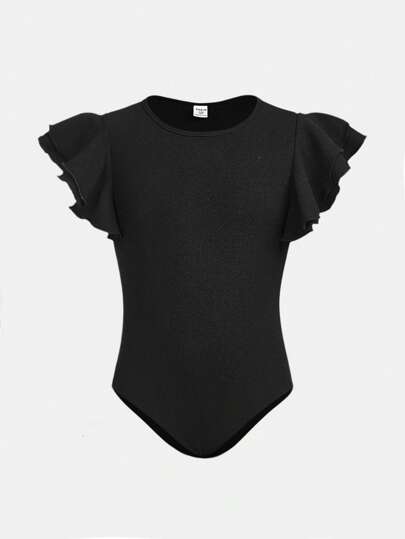 SHEIN Girlism Tween Girl Knitted Solid Color Short Flutter Sleeve Casual Bodysuit
