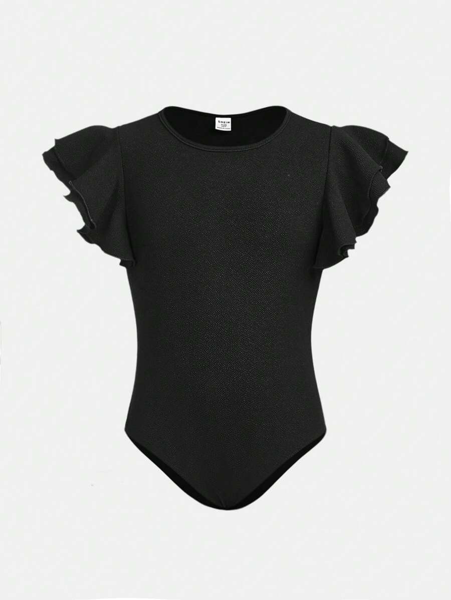 SHEIN Girlism Tween Girl Knitted Solid Color Short Flutter Sleeve Casual Bodysuit - Black - View 1