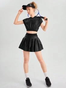 SHEIN Teen Girl Glitter Patchwork Hooded Top And Skirt Sportswear Set