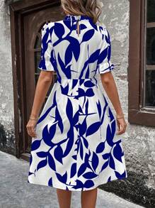 SHEIN Clasi Women's Plant Printed Asymmetrical Cut Ruffle Stand Collar Puff Sleeve Dress Maxi Women Outfit
