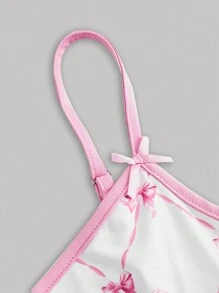 SHEIN MOD Butterfly Printed Bowknot Crop Top Camisole And Shorts Set - Pink - View 3