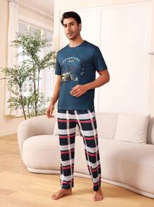 Herren Berg- Und Buchstabe-print-oberteil Mit Karierten Langhosen Homewear Set