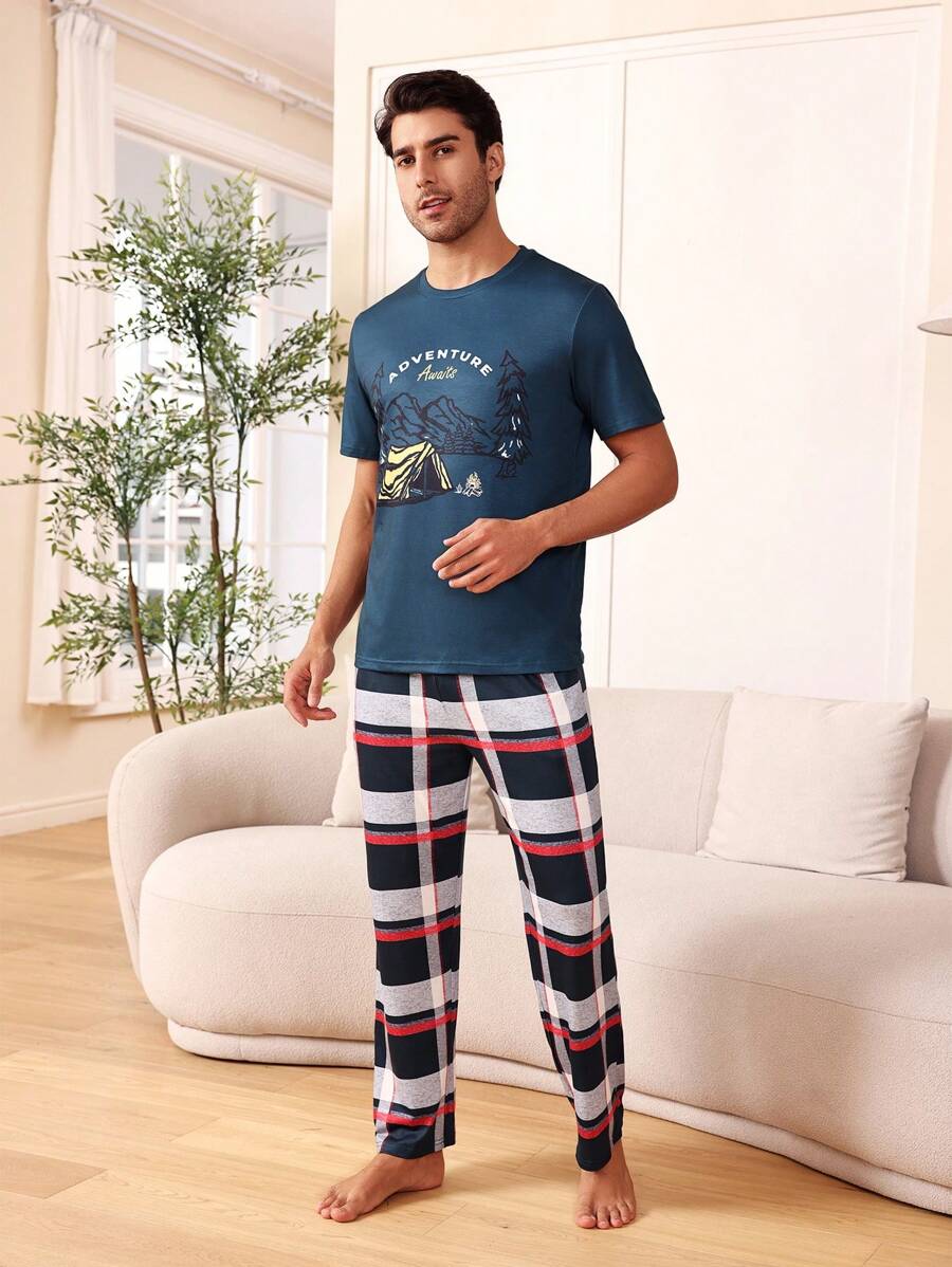 Herren Berg- Und Buchstabe-print-oberteil Mit Karierten Langhosen Homewear Set