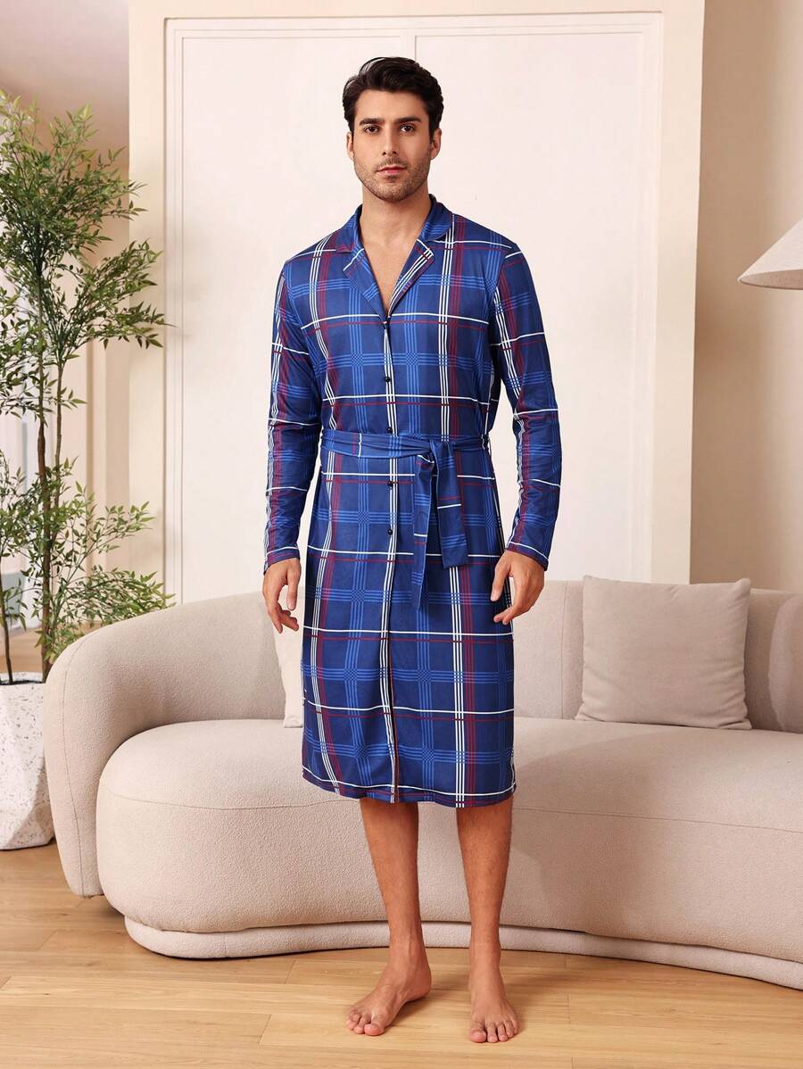 Men's Plaid Long Sleeve Homewear Robe - Multicolor - View 1