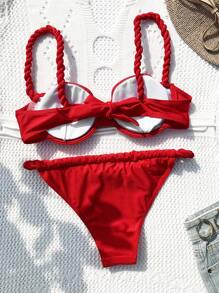 SHEIN Swim 2025 Women Summer Beach Solid Color Sexy Bikini Set(With Underwire) Red Bikini Setred Swim Suitpush Up Bathing Suit