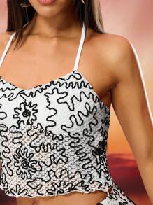 SHEIN BAE Solid Color Black/White Crochet Halter Top For Spring/Summer Holiday Music Festival Outfits - Black and White - View 4