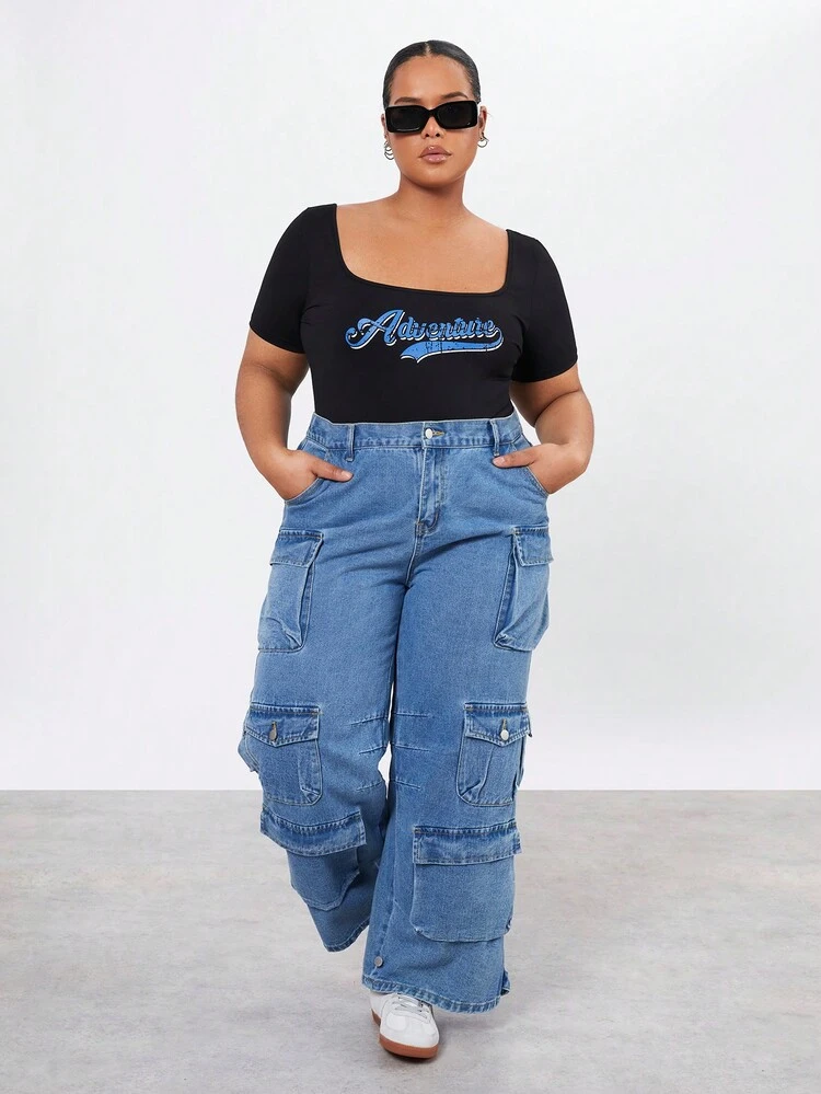 Plus Size Slim Fit Square Neck Letter Printed Bodysuit