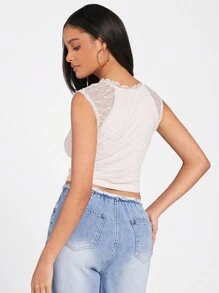 Forever 21 女士網眼透視甜心領蝴蝶結貼身短上衣 - 杏色 - 查看 3