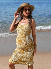 SHEIN Maternity Tropical Print Wrap Dress With Ruffled Hem - Yellow - View 3