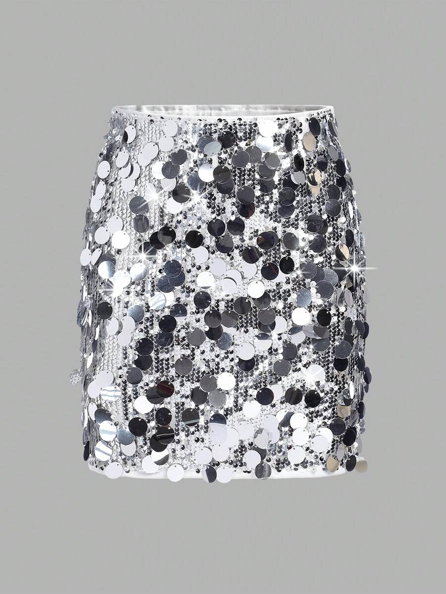 SHEIN Girlism Tween Girl Wedding Season Sequined Midi Skirt