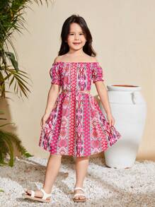 SHEIN Young Girl Woven Flower Print Off Shoulder Jumpsuit Dress For Leisure & Vacation - Multicolor - View 4