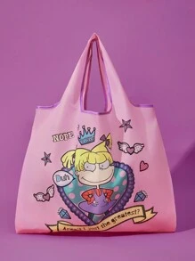 Nick 90s | SHEIN 1pc Cartoon Foldable Portable Shopping Bag, Large Capacity Bag For Women - Baby Pink - View 8