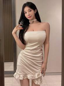 DAZY Women's Solid Color Ruffle Wrapped Strapless Dress Carnival - Beige - View 6