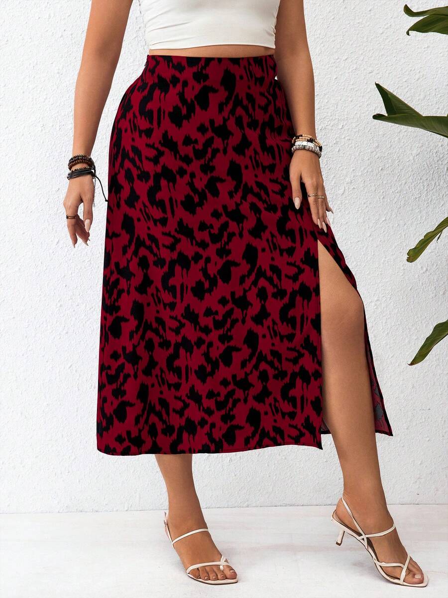 SHEIN Clasi Kích thước lớn In Cao eo Khe Váy - Màu Đỏ Sâu - Xem 1