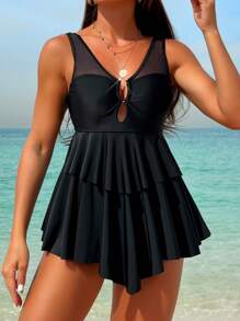 Swim Lushoire Mesh Spliced V-Neck Tankini Swimwear Set Summer
