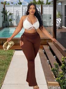 Maweii Plus Size Solid Color Halter Neck Tie Back Hollow Out Knitted Top - White - View 3