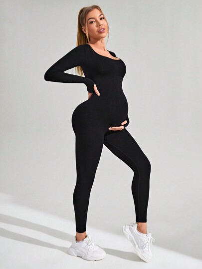 SHEIN Maternity Thumb Hole Ribbed Jumpsuit With Long Sleeve