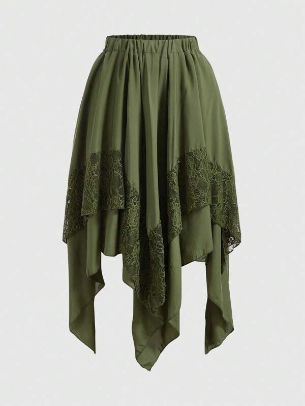 ROMWE Fairycore Renaissance Contrast Lace Hanky Hem Skirt, Ladies Casual Asymmetrical,Contrast Lace Long Loose High Waist Green Plain Women Skirts,Spring/Summer,Casual Daily Wear