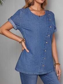 EMERY ROSE Áo denim Với Nghiêng Không nút Và - Màu xanh lam - Xem 4