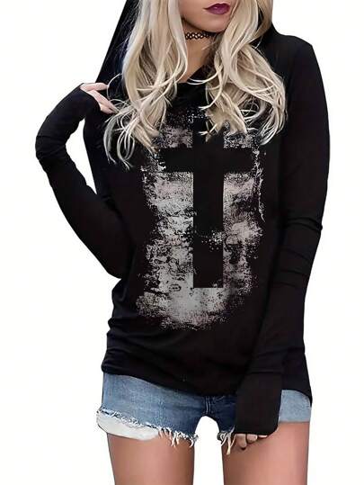 Cross Print Long Sleeve Hoodie T-Shirt, Casual For Spring & Autumn
