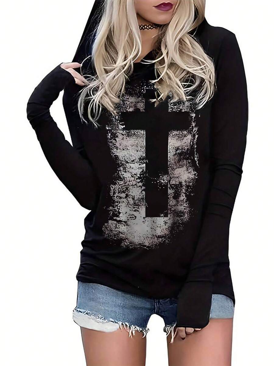 Cross Print Long Sleeve Hoodie T-Shirt, Casual For Spring & Autumn - Black - View 1