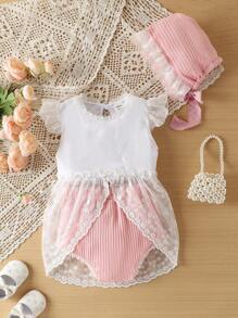 Hàng mới đến Đứa bé gái lưới ren Áo Với Tam giác Đồ lót Bộ - Hồng - Xem 1