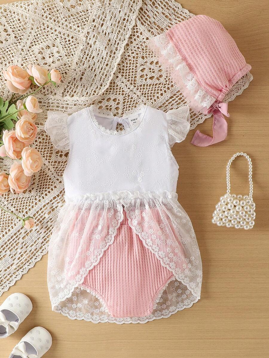 Hàng mới đến Đứa bé gái lưới ren Áo Với Tam giác Đồ lót Bộ - Hồng - Xem 1