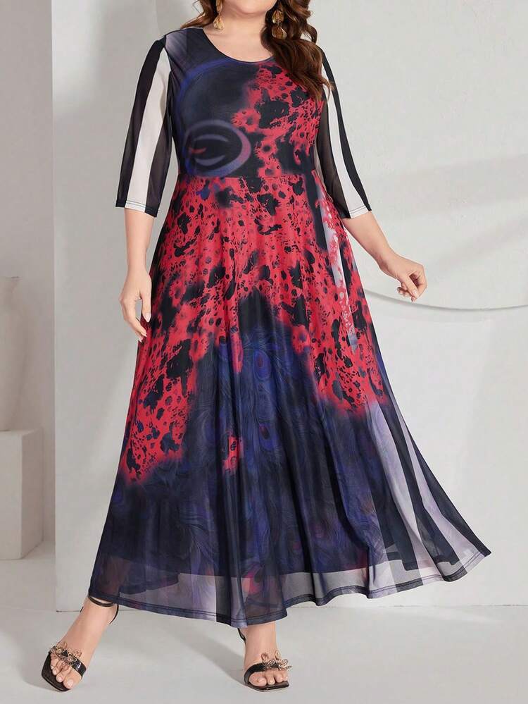 Plus Size Crew Neck Patterned Mesh Overlay Dress