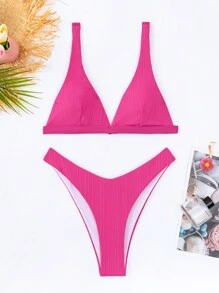 SHEIN Swim Summer Ladies' Solid Color Ribbed Bikini Set - Hot Pink - View 1