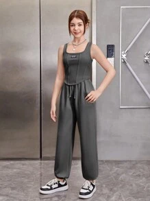 SHEIN Leap Crew Teen Girl Knitted Asymmetrical Hem Tank Top And Jogger Pants Casual 2pcs